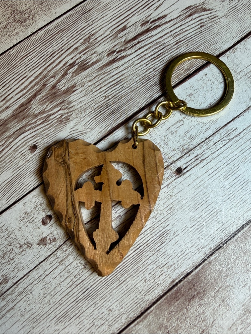 Handcrafted olive Wood Heart Keychain with Cross Cutout - Natural Brown
